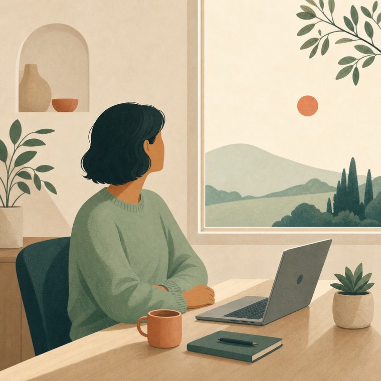 A screen worker looking away from a laptop and out of a window