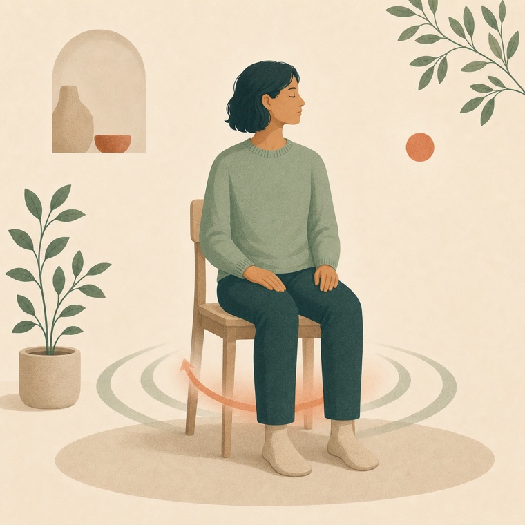 A seated figure with an abstract gentle lift and release cue