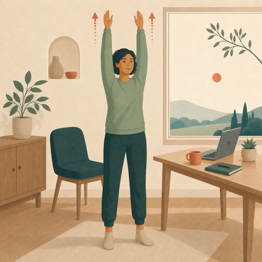 A standing office worker reaching both arms comfortably overhead