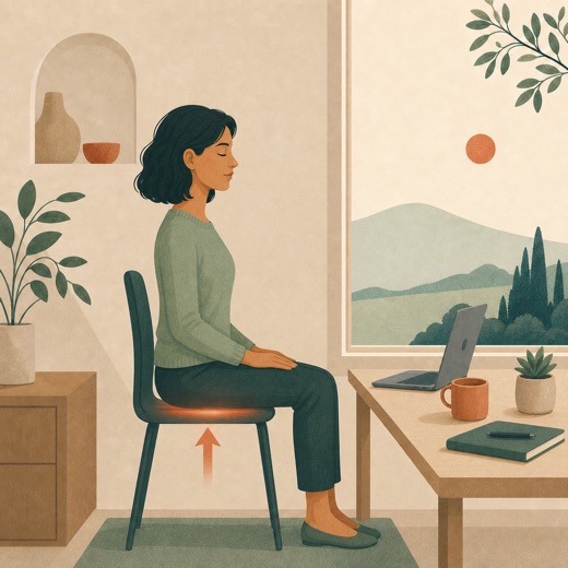 A seated person breathing normally with a subtle upward pelvic-floor cue